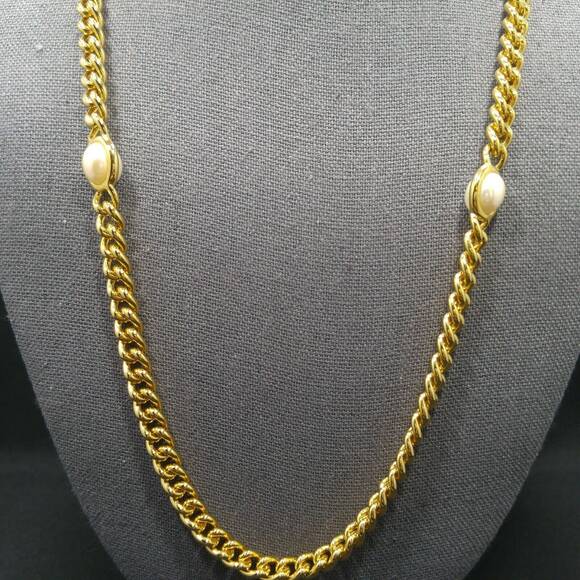 Vintage Long Gold Plated Chain Necklace, 4 Pearled Reversible Cabochons, 36 Inch - Picture 3 of 9